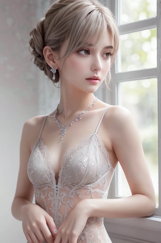 silver lace thong&Good, (((Very elegant and beautiful, Perfect detail, Super detailed))), whole body, The most detailed girl, Depth of written boundary, 美しく詳細なwhole body, Thin legs, 1 girl, 30 years old, Very short hair, Spiked Hair, Gray and silver hair, Beautiful detailed hair, Perfect Face, Expressionless, Beautifully detailed deep eyes, Open your mouth a little, Delicate arms and hands, Pale skin, Earrings, Beautiful and gorgeous necklace, Colorful background, HD background, Blurred Background, Very delicate and beautiful, Masterpiece, (((Highest quality, Very beautiful 8K CG wallpaper))), (((Trendy hairstyles))), (Inside the room,Stylish interior,window),