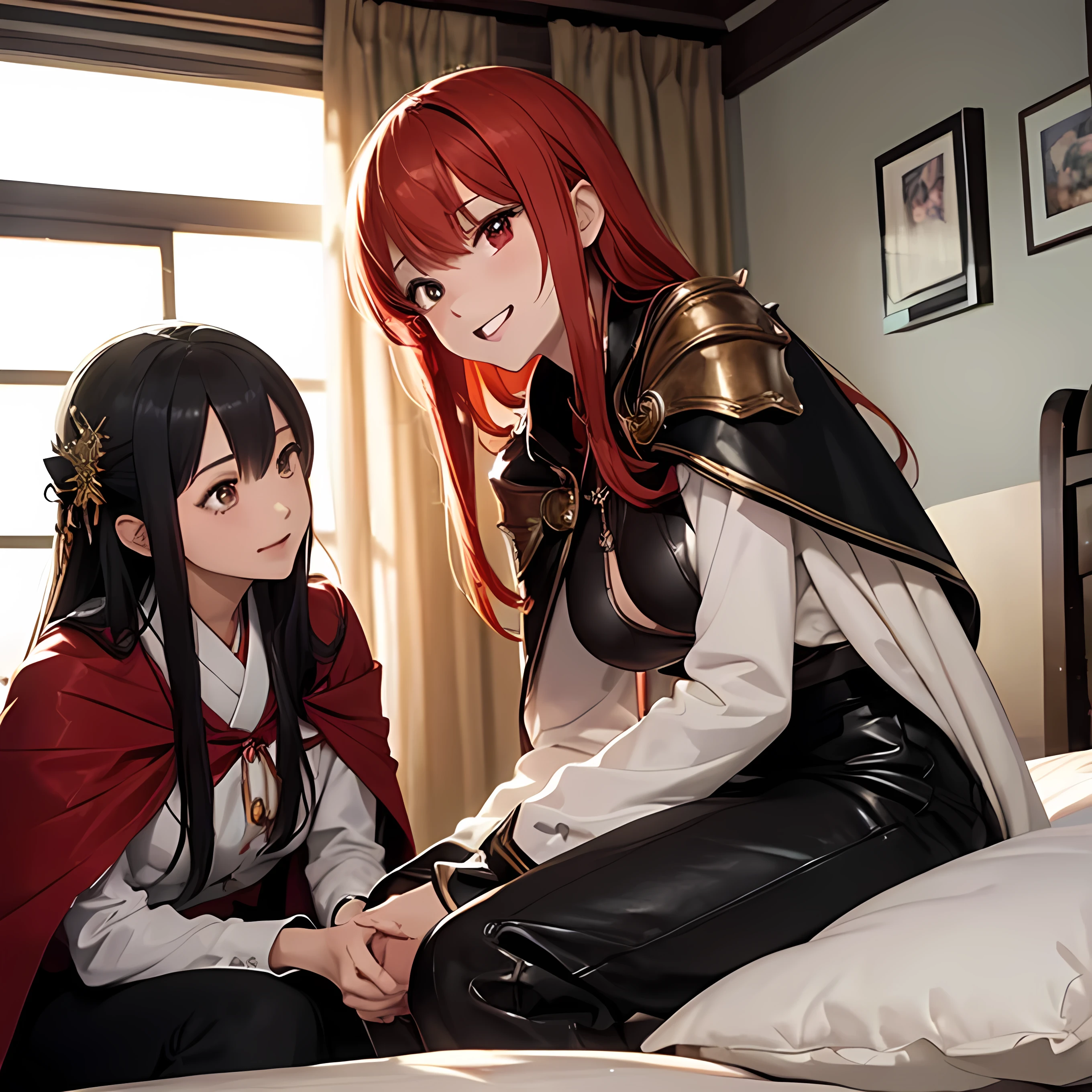 Two beautiful young women, Anime Style, Detailed face, Redhead, Red eyes, Delicate features, Soft lighting, Wearing a weird cosplay costume, Leather Armor, Cape, Playful expressions, laugh and enjoy, cozy、Well decorated bedroom, Person sitting on bed, Another was standing nearby., Mr.々Cosplay accessories are scattered around, Bright and attractive indoor lighting, Dynamic pose, Japanese Anime Style, high quality, Very detailed, 8K resolution, Cinema Lighting, 最high quality, Vibrant colors, Instagrammable, beautiful, trend