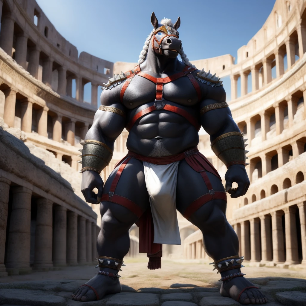 Furry, Kemono, Antropomorphic, humanoid horse, (Color White), Furry Antropometric legs, Hooves, Antro body, Bigg Ass, Male Bulge, Bigg Balls, Full body, Braided Mane, Roman gladiator armor, Gladiator, Black leather harness, Spiked Anklet, White fitted fundoshi, Roman coliseum arena, Blue Pupil Eyes, High Resolution, 4K Detailed, Good Lighting, Beautiful, Photorealistic, Realistic, White Fundoshi, tight loincloth