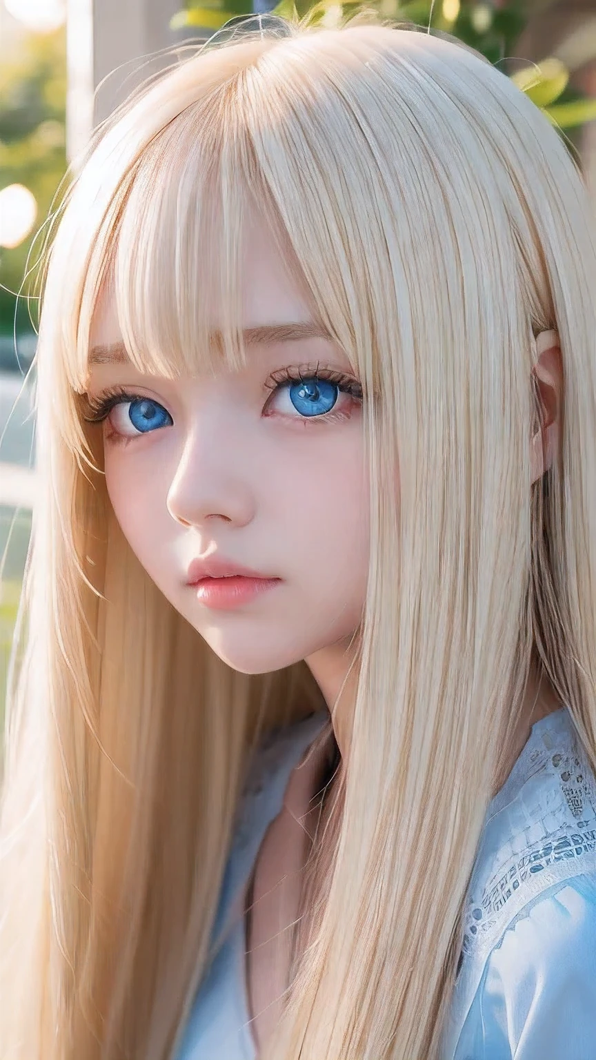 Super long blonde straight hair、Bangs on a beautiful face between the eyes、Very cute beautiful sexy young teenage girl、So perfect beautiful cute face、Very large, clear, beautiful, bright, light blue eyes、Very big cute eyes、Small Face Beauty、Cheek highlighter、White, bright and radiant skin、