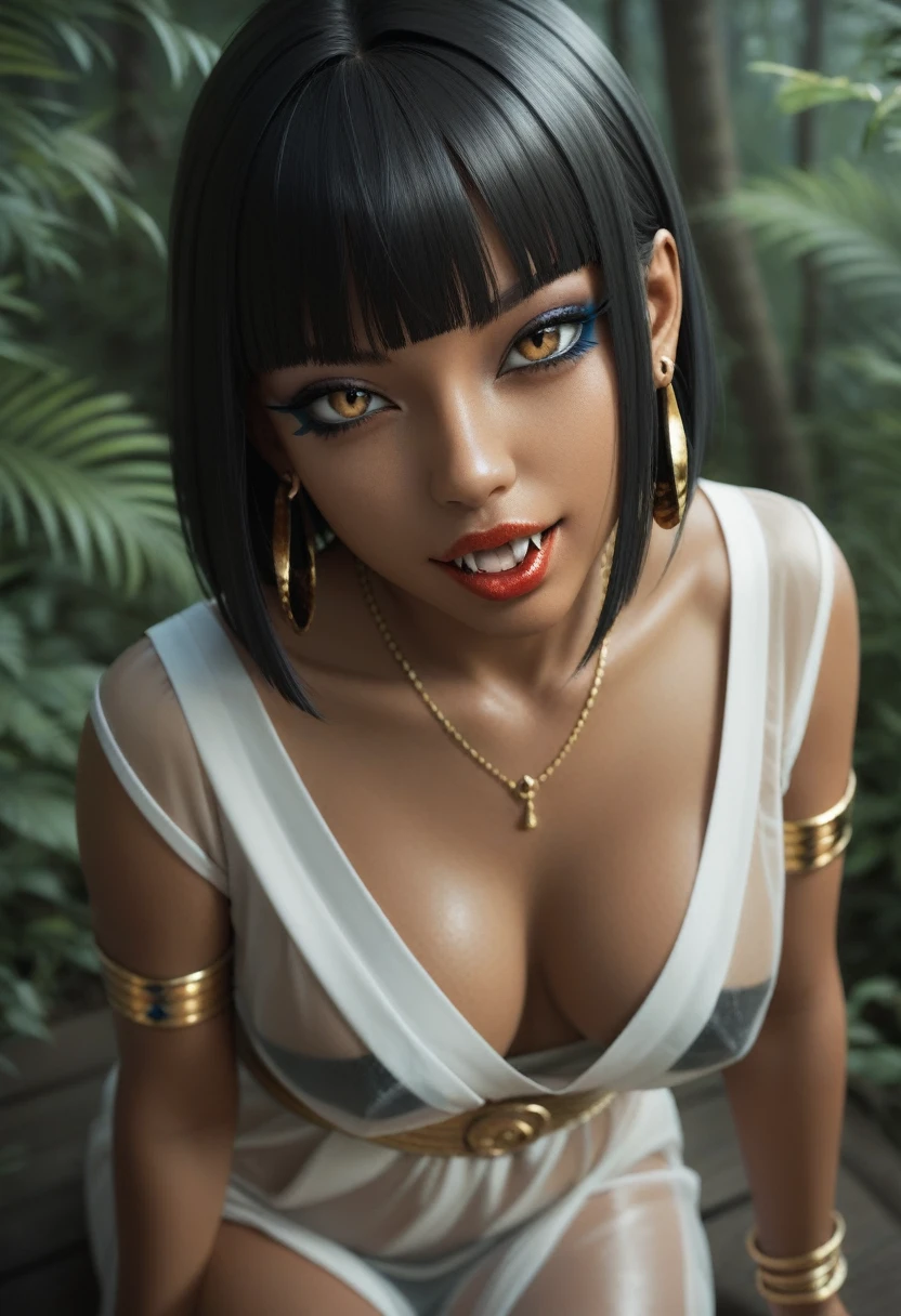 score_9, score_8_up, score_7_up, score_6_up, 1girl, solo, jewelry, rating: safe, brown_eyes, black_hair, lips, makeup, armlet, breasts, egyptian, egyptian_clothes, dark_skin, nose, earrings, gold, lipstick, cleavage, realistic, looking_at_viewer, medium_breasts, open_mouth, oral_invitation, piercing, gyaru, blunt_bangs, bangs, bob_cut, vampire, long_fangs, (from_above:1.3), downblouse, dark, silk, see-through, (blood_from_mouth:1.2), black_robe, blood, sharp_teeth, moonlight, forest, (blood_on_face:1.2)
