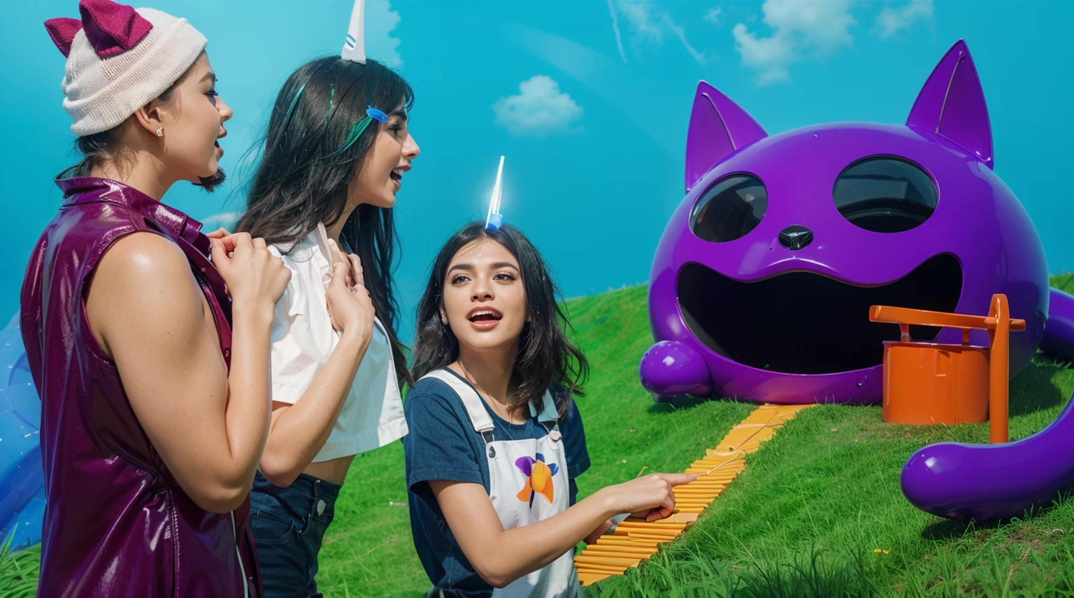 The image depicts a whimsical house designed to resemble a shiny purple cat with a wide, joyful expression. The house is rounded with exaggerated cat features, including large, pointy ears, big black eyes, and a wide-open mouth forming a comical and inviting entrance. The structure sits on a vibrant green hill, with an orange pathway leading up to it, giving a playful and imaginative atmosphere. The sky is a clear blue, enhancing the bright and cheerful scene. The overall design combines creativity and fun, making the house look like a lively, animated character. Create цветной рендеринг zbrush. perfect cgi, cgi art created only with gradients, smooth silhouette, Create ultra sharp skin, high intensity refraction, (plastic material), most beautiful vfx, blue background, plastic refractions, glossy texture, smooth 3d model, multiple light sources, rim light, sharp post effects render, (glossy plastic texture with multiple big light probe refractions), perfect cgi, cgi art created only with gradients, smooth silhouette, high intensity refraction, (plastic material), most beautiful vfx, blue background, plastic refractions