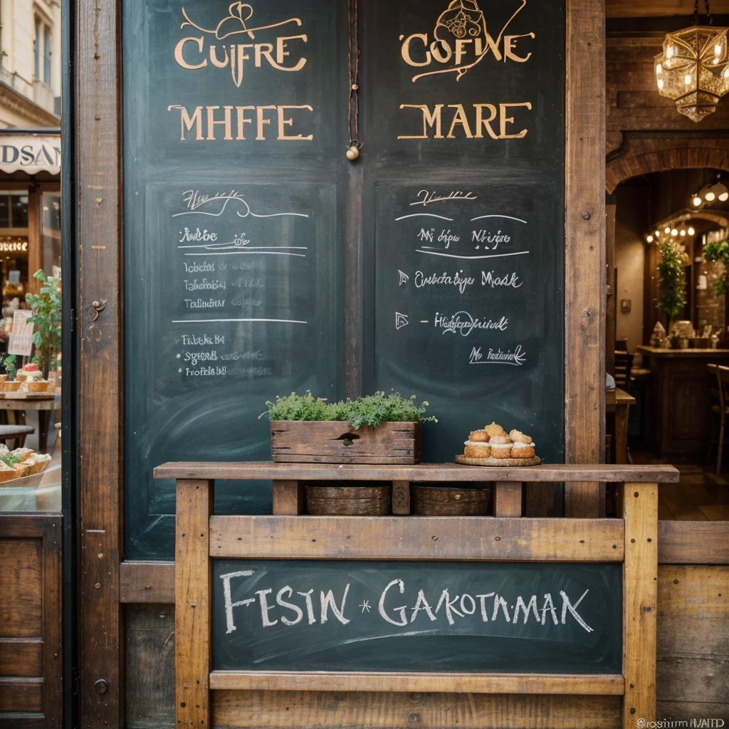 detailed gourmand food photography, intricate Parisian cafe scene, sustainably sourced ingredients, vibrant colors, warm lighting, delicate plating, rustic wooden tables, lush greenery, chalkboard menu, artisanal dishes, cozy atmosphere, (best quality,4k,8k,highres,masterpiece:1.2),ultra-detailed,(realistic,photorealistic,photo-realistic:1.37),food still life,editorial