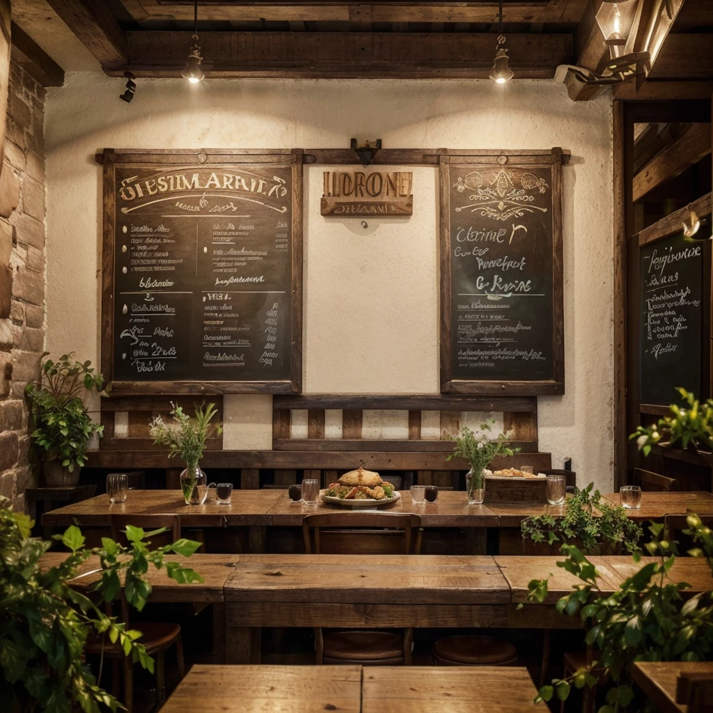 detailed gourmand food photography, intricate Parisian cafe scene, sustainably sourced ingredients, vibrant colors, warm lighting, delicate plating, rustic wooden tables, lush greenery, chalkboard menu, artisanal dishes, cozy atmosphere, (best quality,4k,8k,highres,masterpiece:1.2),ultra-detailed,(realistic,photorealistic,photo-realistic:1.37),food still life,editorial