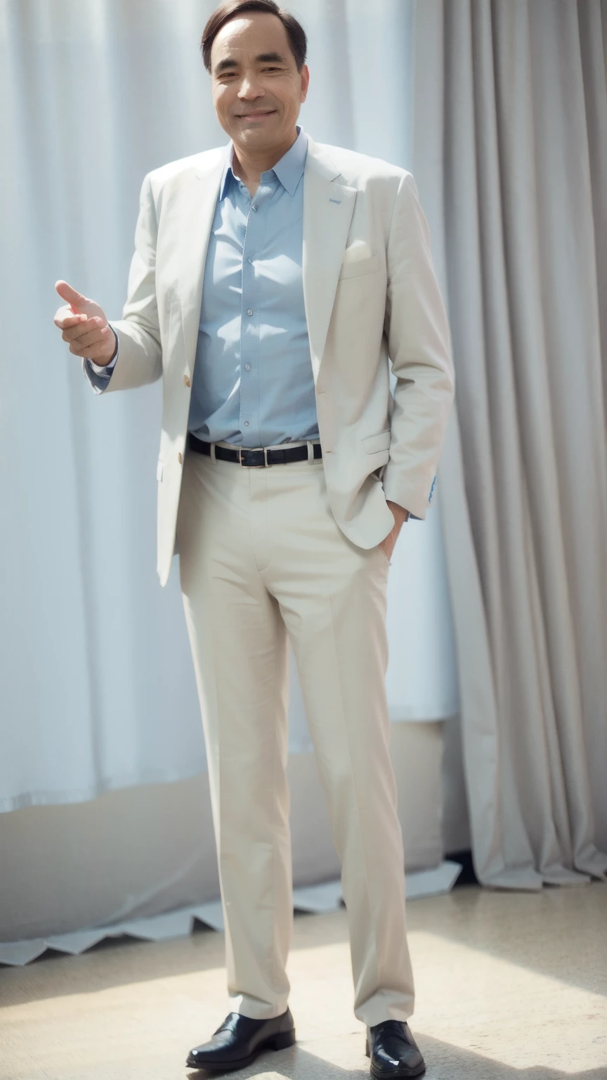 50 years old man, Soft headlights,High-density imaging,(The face is clear and delicate),((White suit)),((Light blue shirt)),((Various dynamic poses)),((Full body image)),((Smile)),((Background is blue curtain)),best quality,masterpiece,(Soft colors:1.2)