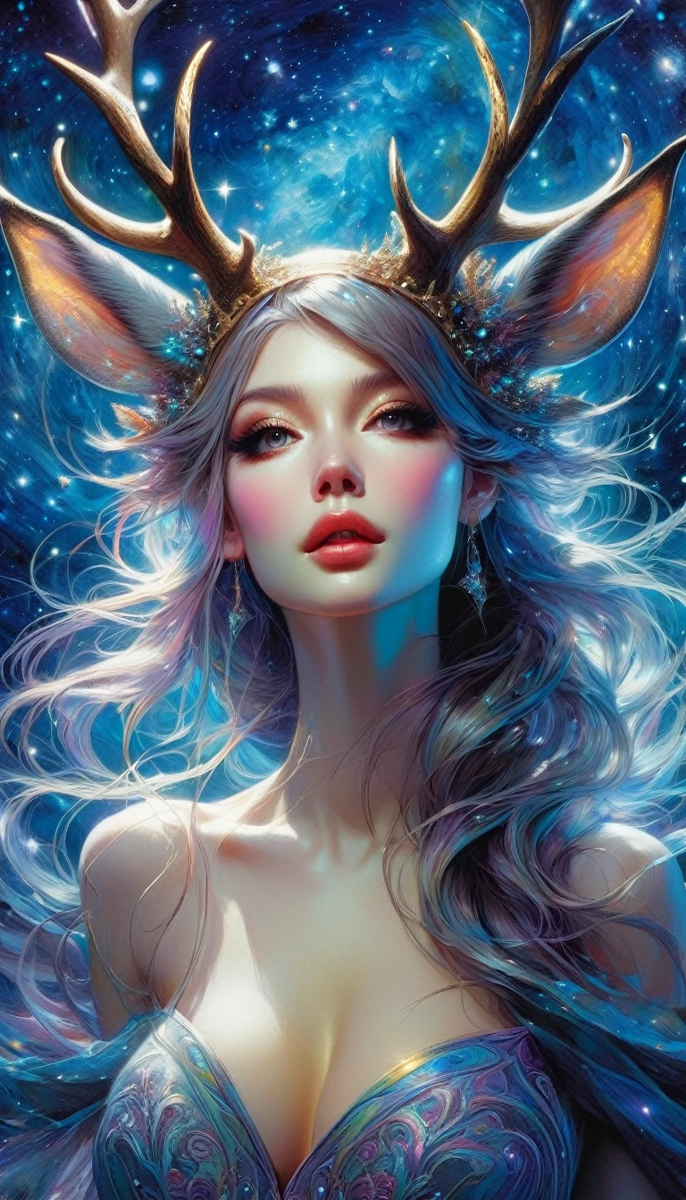 a sexy magician girl with deer horns, intricate details, oil painting, fantasy scene, night sky with moon and stars, background inspired by Brian Froud, Carne Griffiths, and Wadim Kashin, best quality, 4k, 8k, highres, masterpiece, ultra-detailed, realistic, photorealistic, photo-realistic, HDR, UHD, studio lighting, ultra-fine painting, sharp focus, physically-based rendering, extreme detail description, professional, vivid colors, bokeh