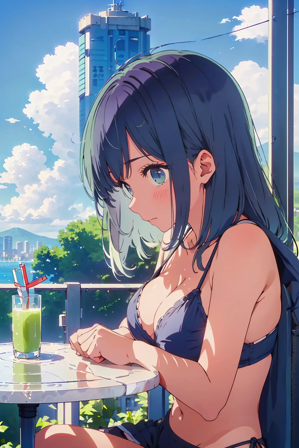(Highest quality:1.4、8K:1.4、detailed)、F cup bust、Big Breasts、Slim body、Very white beautiful skin、((((1 person、Surprised expression、sit、Chair、In the background are the urban buildings of Tokyo、looking at the camera、Outdoor café terrace、coastal、Navy hair color、juice、White side string high leg bikini、Shooting up close、Shooting from an angle、table、Very cute face))))、(Pose of putting hair behind ears with hands:1.4)、Very blue sky、A completely cloudless sky