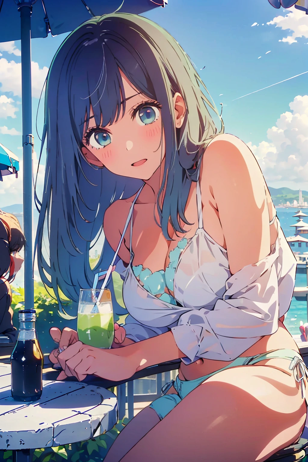(Highest quality:1.4、8K:1.4、detailed)、F cup bust、Big Breasts、Slim body、Very white beautiful skin、((((1 person、Surprised expression、sit、Chair、In the background are the urban buildings of Tokyo、looking at the camera、Outdoor café terrace、coastal、Navy hair color、juice、White side string high leg bikini、Shooting up close、Shooting from an angle、table、Very cute face))))、(Pose of putting hair behind ears with hands:1.4)、Very blue sky、A completely cloudless sky