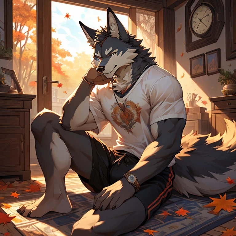 Furry, male, Anubis anthro, (wolf's long tail), Solo, (Realistic eye details, (beautiful detailed eyes), painting, sitting inside a house, wearing a white t-shirt, black shorts, autumn season, commission for high res, anthro art, fall season, detailed fanart, furry art, very beautiful furry art, furry fantasy art, autumn, covered in fallen leaves, high quality fanart, slim body, full body like, masterpiece, ultra detailed face, depth of field, motion blur, high details, high quality, HD, 16k, (best quality, 4k, 8k, highres, masterpiece, ultra-detailed, HDR, UHD,studio lighting, extreme detail description, professional,vivid colors, lively atmosphere, natural lightingby anthro, 1man of 28 years, badly faced, expression of seriousness, solo, background inside a house shirts, sit on floor, perfectly detailed eyes, extremely detailed body, clock on arm, perfectly detailed paws , black nose, perfectly detailed hands, shorts a carreaux up to the knee long, barefoot,detailled muscular hand 