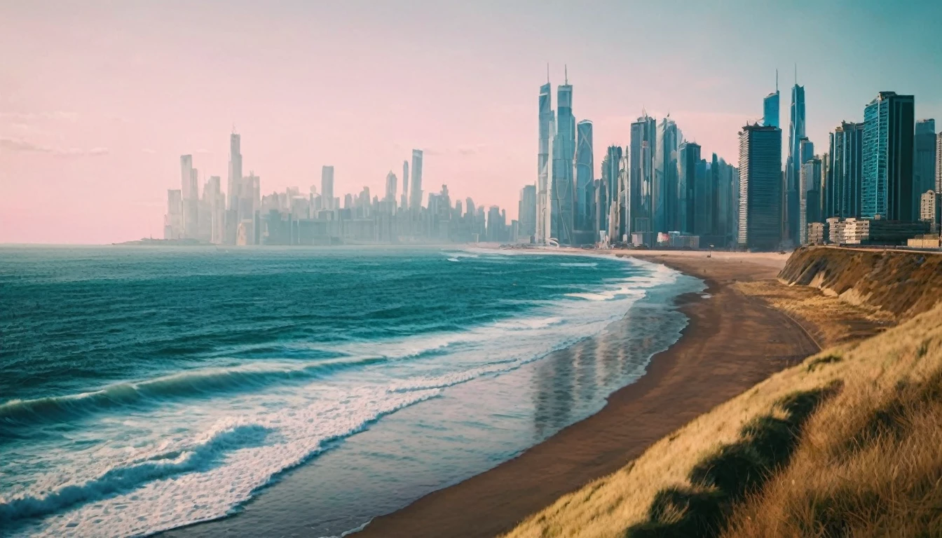  The crashing blue waters create white-tipped waves, while the soft pink light of the rising sun illuminates the shore. In the background there is the dystopian futuristic megacity with so many different styled skyscrapers.There are a bunch of huge skyscrapers on the horizon.The steep drop from the road down to the beach is a dramatic feat, with the cliffs edges jutting out over the sea. This is a view that captures the raw beauty of the coast and the rugged landscape.Photorealistic Reflections on the water, realistic splashing waves, real water surface. Extremely highly intricate details and photorealistic materials.Photorealistic Reflections.Natural lights, neutral colors, lomochrome,dramatic, dynamic composition. Consistent structure of the buildings, static environment,consistent movement of the camera.Contrast lighting, volumetric lighting, best shadows,sharp focus, depth pf field, Realism, Cinematic, Photoreal,Panavision 70s movie styled in color, celluloid, uhd, hdr, 4k, 35mm film Screengrab a 1950s Super Panavision 70 film, in color. Best shadows, best quality. Lifelike textures, sharp focus, depth of field, realism, photorealism, vintage color tones, cinematic lighting, contrast lighting, soft front light, insanely intricate details, hdr, uhd, 8k, 35 mm film, analog camera shot.