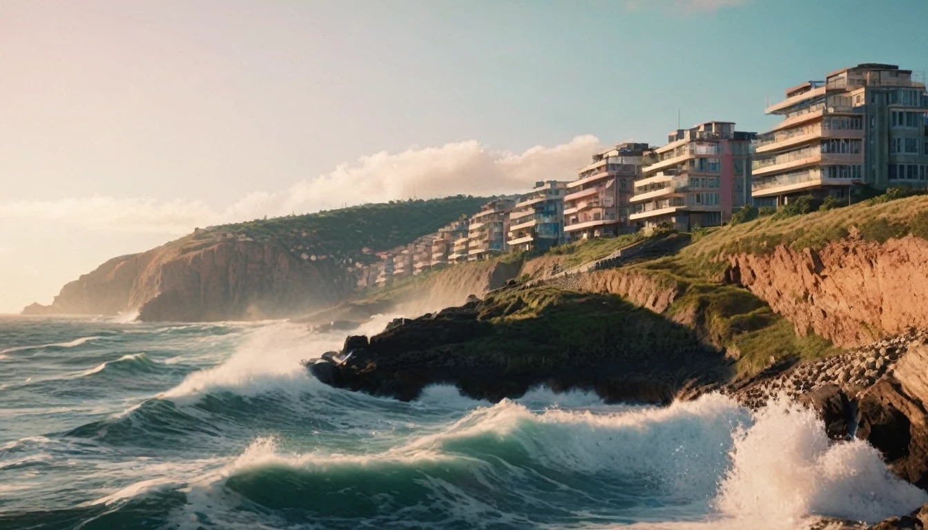 The crashing blue waters create white-tipped waves, while the soft pink light of the rising sun illuminates the shore. In the background there is the dystopian futuristic megacity with so many different styled skyscrapers.There are a bunch of huge skyscrapers on the horizon.The steep drop from the road down to the beach is a dramatic feat, with the cliffs edges jutting out over the sea. This is a view that captures the raw beauty of the coast and the rugged landscape.Photorealistic Reflections on the water, realistic splashing waves, real water surface. Extremely highly intricate details and photorealistic materials.Photorealistic Reflections.Natural lights, neutral colors, lomochrome,dramatic, dynamic composition. Consistent structure of the buildings, static environment,consistent movement of the camera.Contrast lighting, volumetric lighting, best shadows,sharp focus, depth pf field, Realism, Cinematic, Photoreal,Panavision 70s movie styled in color, celluloid, uhd, hdr, 4k, 35mm film Screengrab a 1950s Super Panavision 70 film, in color. Best shadows, best quality. Lifelike textures, sharp focus, depth of field, realism, photorealism, vintage color tones, cinematic lighting, contrast lighting, soft front light, insanely intricate details, hdr, uhd, 8k, 35 mm film, analog camera shot.