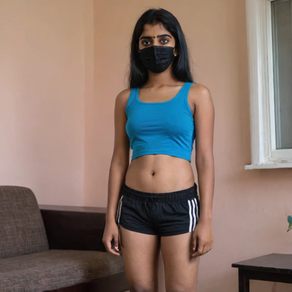 Full body shot of a poor 19 year old medium size Indian girl in pink shorts and blue top, wearing a black mask, at home, cleavage visible.