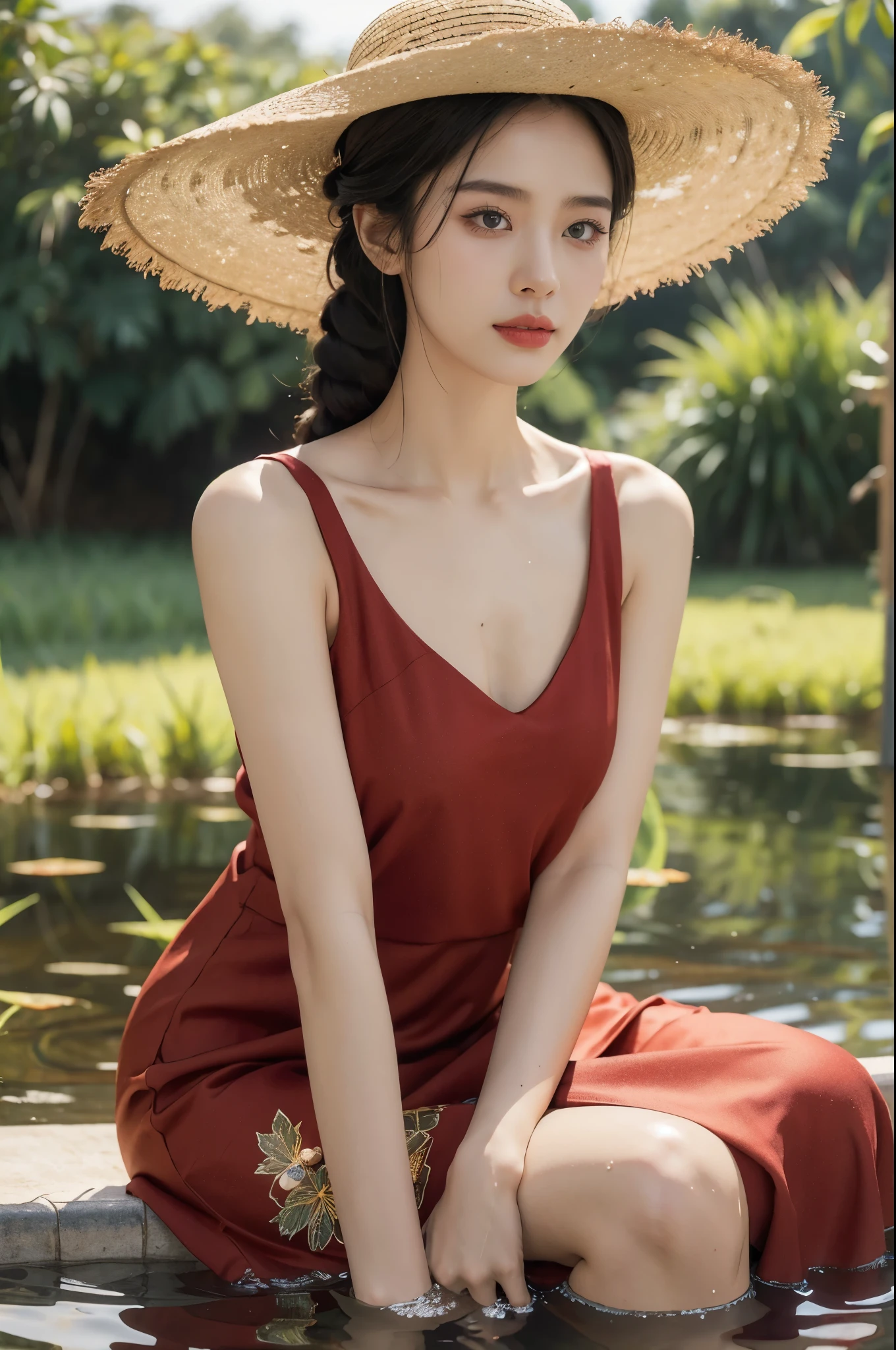 (((best quality))),(((ultra detailed))),(((masterpiece))),illustration,1 beautiful girl,slim,straw hat,shiny skin,black skin,sweat,wet,flat chest,short Embroidered red cheongsam,collar,bare arms,pantyhose,sitting in the Paddy pool filled with Rice seedlings,upper body,elegant, clear sky, sunlight, dreamy, contrast, natural,Chinese rural landscape,The body below the neck is in water