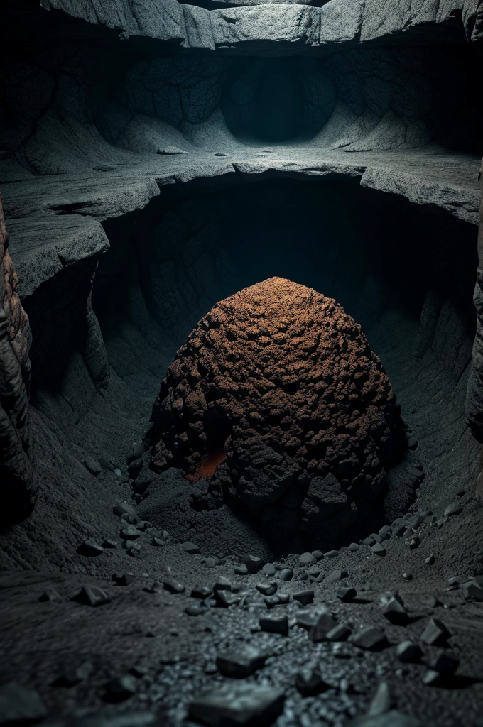 A huge deep abyss made of black stone, incandescent magma, phosphorescent radioactive mineral, it ends in the bottom with a living organic obscurity, abysssanctum, procreation of the wicked, synthetic grotesque,highly detailed, 4k resolution, masterpiece, 3d modelling,digital art
