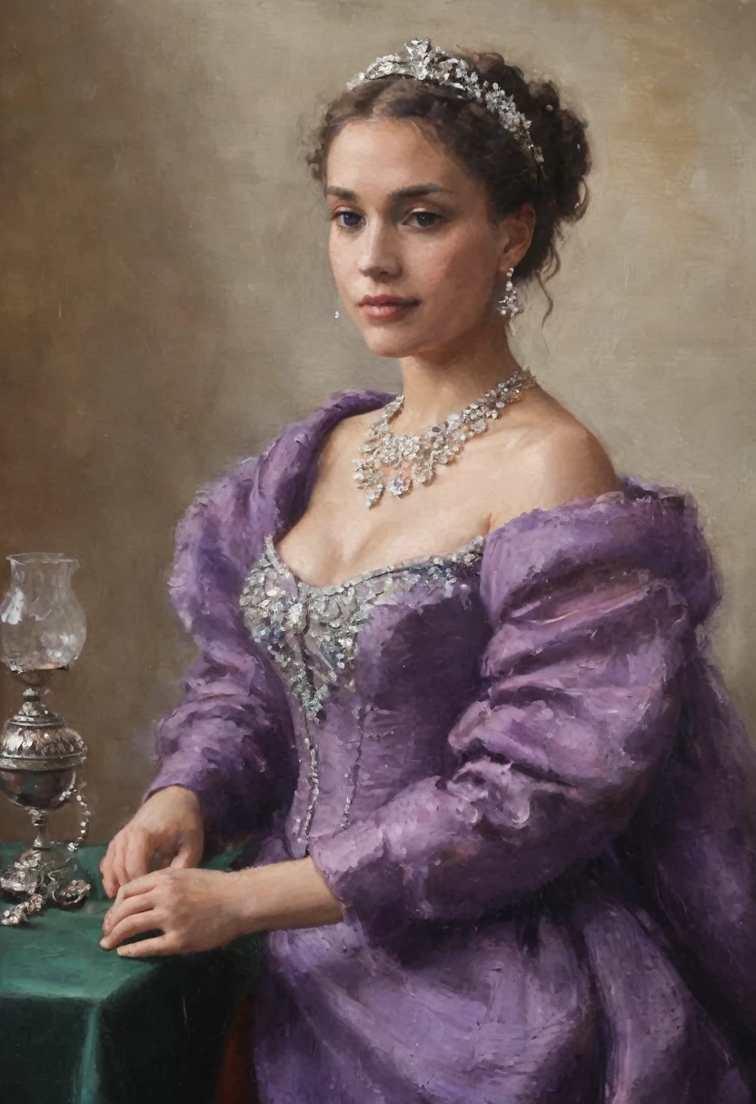 Peinture à l'huile , portrait , jeune femme , robe de bal , bijou , masque