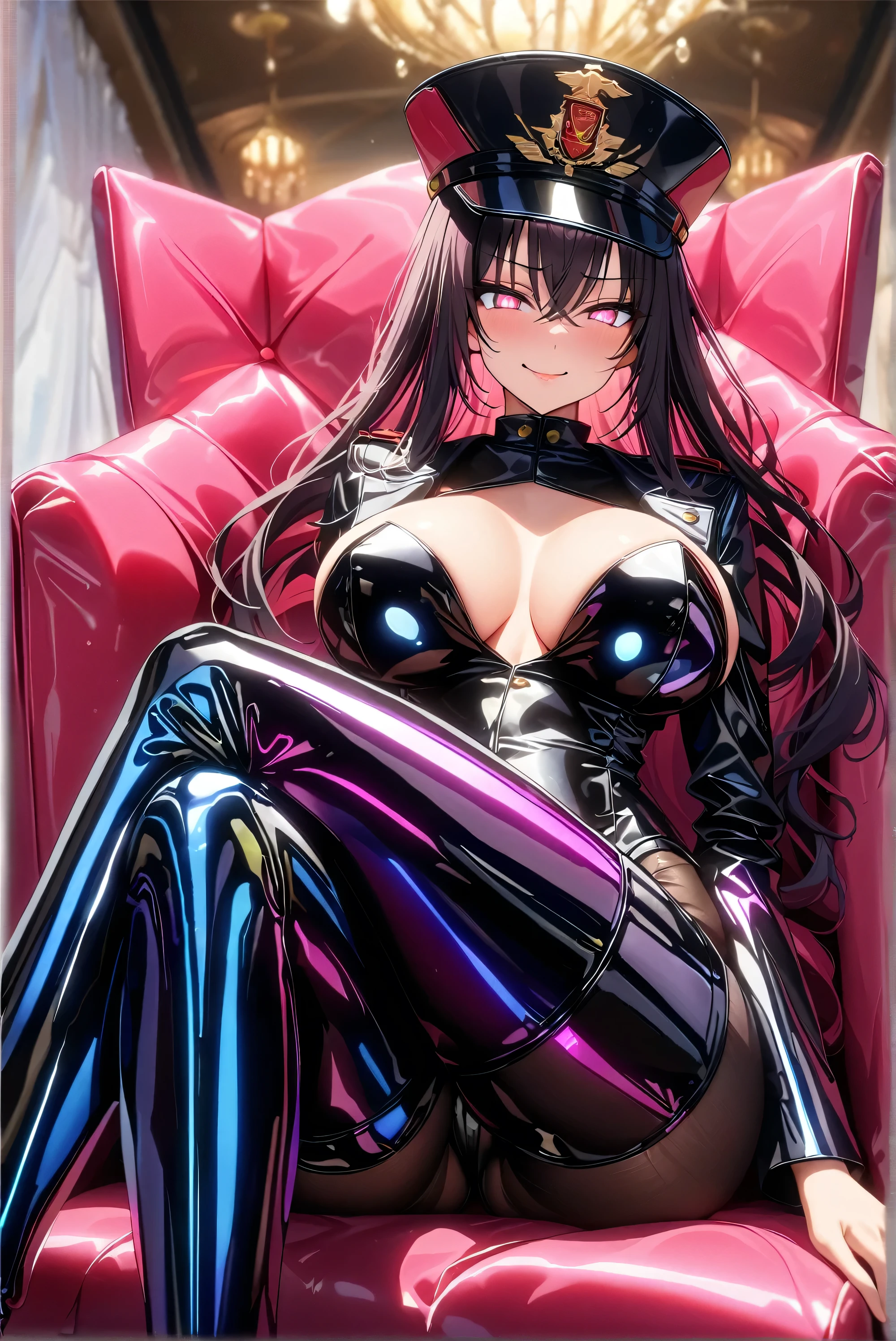 masterpiece, best quality, 1girl,black hair,long hair,glowing eyes, (finely detailed empty pupils and detailed face),,,,extremely detailed picture unity 8k wallpaper,solo,(latex military costume:0.9),large breasts,seductive smile,military hat,latex thighhigh,large breasts,black hair,pink eyes,black leotard,pantyhose,military coat,enamel suits,grossy lips,sitting,crossed legs