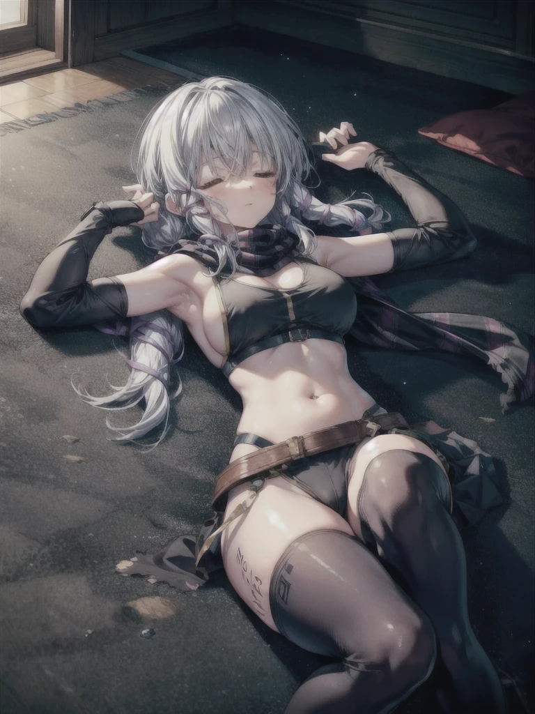 (masterpiece, highest quality, Perfect Anatomy, Fabric Shading, gleaming skin, Glowing Skin, Detailed skin),BREAK,
(clair lasbard),
(long ponytail, hair ribbon, striped scarf, black sports bra, belt, black micro bikini, fingerless gloves, thigh boots),(torn clothes:1.4)
Full Body, (lying on the floor, on back, arms up :1.3), head tilt, BREAK,
huge breasts, wide open cleavage, underboob), BREAK,
(closed eyes:1.2),BREAK,
Portrait, dutch angle, BREAK,
fantasy, Late Night, Dark, BREAK
