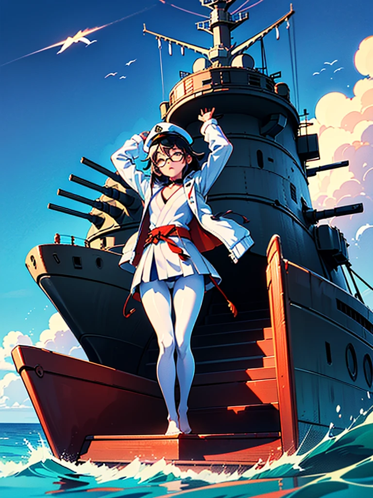 ((((Full body of a woman with perfect flat chest、Short unkempt black hair、white military jacket、Miko costume、tights、Black glasses、White military cap、Cloudy eyes、Sleepy expression)))), (((masterpiece))), (((Shipgirl))), ((Floating on the morning sea with both feet)), (Spread your legs wide open), (Hold the turret with your right hand), (Mechanical arms extending from the waist are used to equip the ship with battleship equipment.), (Equipped with a turret on the back), (Holds the turret with his left arm), Shotgun shells are attached to the thigh with a belt, Spreading the Machine&#39;s Wings, Machine tail,  shotgun, 
