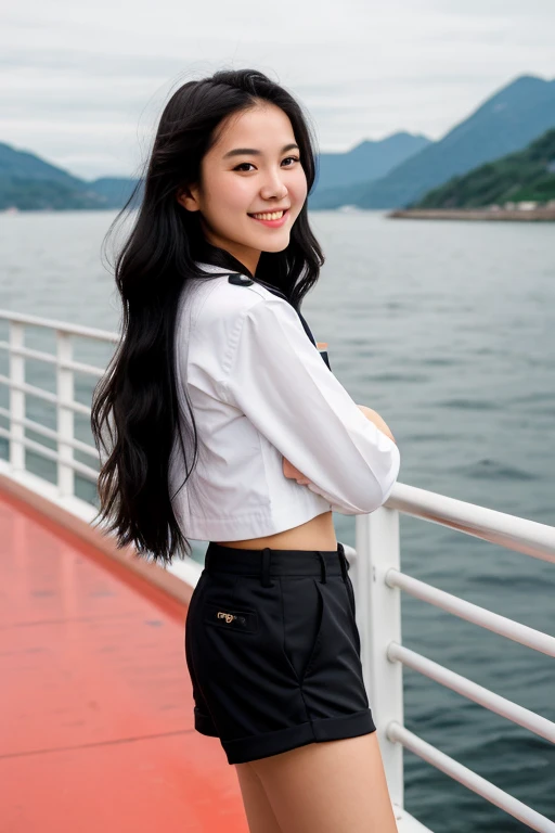 ((best quality)), ((masterpiece)), (detailed), 1girl, beautiful straight black long hair , beautiful smile , sexy pose ,standing position , sailor jacket , top crop shirt , short pants , on ferry , sea background