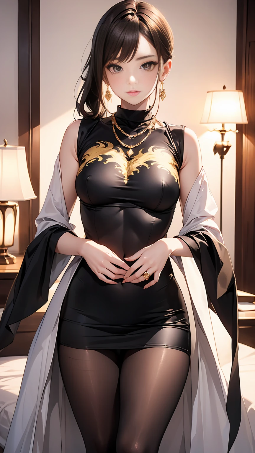 Beautiful woman with mid straight ponytail brown hair with brown eyes wearing an Black Tight Skirt With Golden Dragon Prints, a Red Sexy Criss Cross Mock Neck Mid Sleeves Dress With Phoenix Prints, luxurious jewelry and a luxurious necklace, 18k gold wedding ring on left hand, standing in a bedroom at night, (caucasian skin), (light brown lipstick), (elegant mascara), (slim body with abs), (small breasts), (wide hips), midjourney, <lora:GoodHands-, <lora:GoodLegs-, UHD, high resolution, (masterpiece:1.1, best quality), (expressive eyes, perfect face, full body, expressive face, perfect body, perfect pussy, athletic, fit, slim body, blushing, Perfect makeup, eyeliner, beautiful eyelashes, smiling, horny face), ((best illumination, best shadows)), ((sexy pose)),