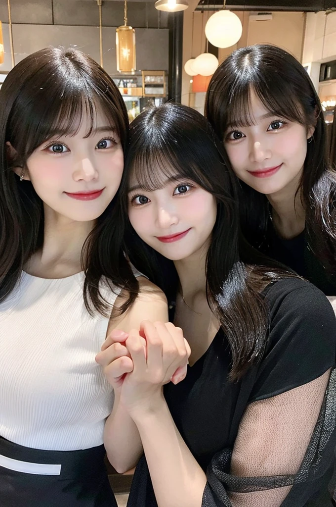 最high quality,Very detailed,finely,High resolution,8K壁紙,Perfect dynamic composition,Beautiful eyes,Young Japanese Woman,Age 25, Black Hair, thin, 4K, 8K, high quality, beauty, smile, Beautiful Eyes, Characterized by simplicity, High resolution,Female 2-person group,Japanese Idols,Random facial expressions,smile,White h whole body,Drawn angle of view,Smooth Hair,Selfie,Natural look,Random emotions,restaurant,Two people holding hands