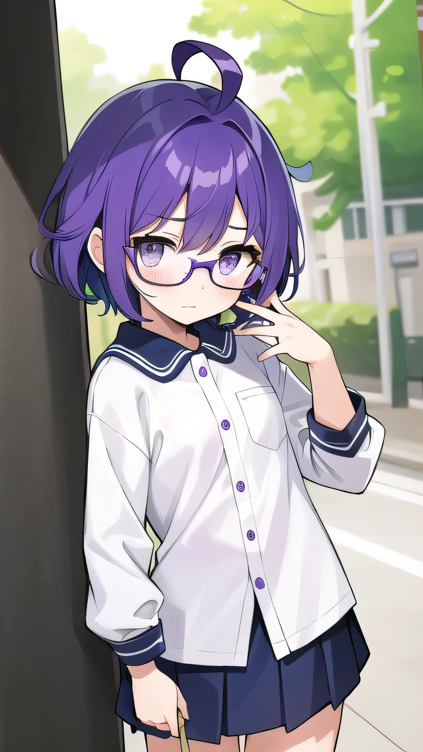 girl in school uniform with black and purple hair standing in front of 紫色の背景, 1 girl, alone, short hair, skirt, shirt, black hair, simple background, white shirt, purple eyes, black tie, jewelry, pleated skirt, From the side, short sleeve, earrings, collared shirt, shirt tucked in,rum \(rumダヨー\), eye shadow.white clothes,glasses