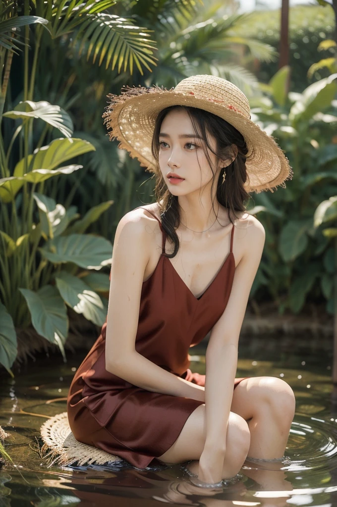 (((best quality))),(((ultra detailed))),(((masterpiece))),illustration,1 beautiful girl,slim,straw hat,shiny skin,dark Bronze colored skin,sweat,wet,flat chest,short Embroidered red cheongsam,bare arms,sitting in the Paddy pool filled with Rice seedlings,upper body,elegant, clear sky, sunlight, dreamy, contrast, natural,Chinese rural landscape,The body below the neck is in water