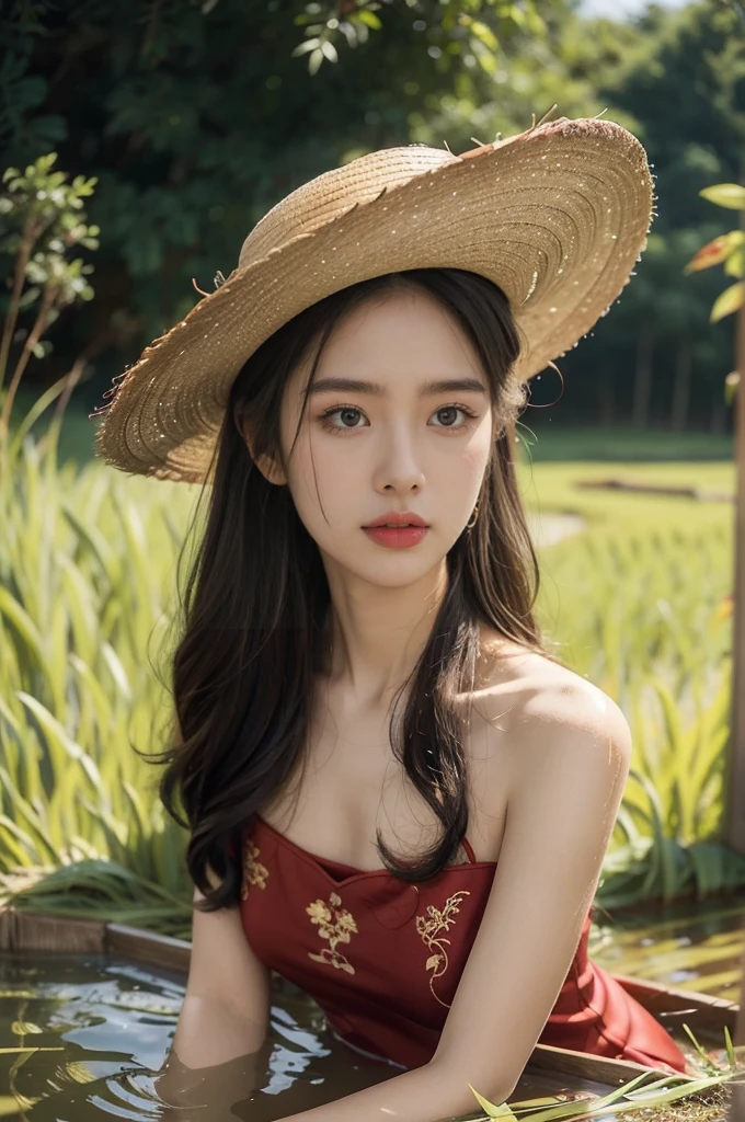 (((best quality))),(((ultra detailed))),(((masterpiece))),illustration,1 beautiful girl,slim,straw hat,shiny skin,dark Bronze colored skin,sweat,wet,flat chest,short Embroidered red cheongsam,bare arms,sitting in the Paddy pool filled with Rice seedlings,upper body,elegant, clear sky, sunlight, dreamy, contrast, natural,Chinese rural landscape,The body below the neck is in water