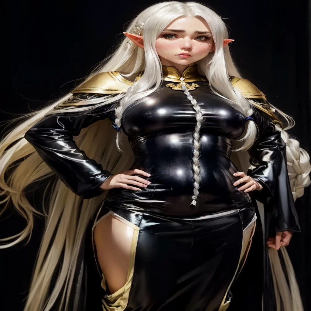large t-shirt, short pants (sweat), white hair(side braid), gentle, big breasts, belly button, elf ears, Surrealism,
