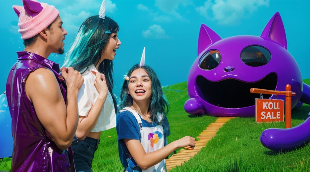The image depicts a whimsical house designed to resemble a shiny purple cat with a wide, joyful expression. The house is rounded with exaggerated cat features, including large, pointy ears, big black eyes, and a wide-open mouth forming a comical and inviting entrance. The structure sits on a vibrant green hill, with an orange pathway leading up to it, giving a playful and imaginative atmosphere. The sky is a clear blue, enhancing the bright and cheerful scene. The overall design combines creativity and fun, making the house look like a lively, animated character. Create цветной рендеринг zbrush. perfect cgi, cgi art created only with gradients, smooth silhouette, Create ultra sharp skin, high intensity refraction, (plastic material), most beautiful vfx, blue background, plastic refractions, glossy texture, smooth 3d model, multiple light sources, rim light, sharp post effects render, (glossy plastic texture with multiple big light probe refractions), perfect cgi, cgi art created only with gradients, smooth silhouette, high intensity refraction, (plastic material), most beautiful vfx, blue background, plastic refractions