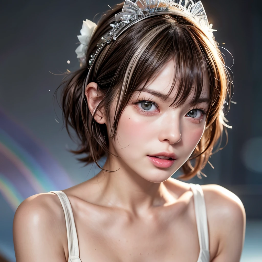 NSFW, 8k, High-level, absurd, masterpiece, best quality, primitive, very detailed CG, very detailed wallpaper, perfect lighting, Extremely detailed (((The personifying " ミラジョボビッチ " as a Little Girl))), MysticSight, Tyndall effect, Tyndall scattering, Studio gray background with (many Dazzling RainbowColor particles BokeH:1.28), (RoundlyButts, ThighGap), (Exposed:0.4), (Assfocus with looking ahead), BREAK (NOGIZAKA face variations) Extremely Detailed very KAWAII face variations, perfect anatomy, Childish, captivating gaze, elaborate detailed Eyes with (sparkling highlights:1.28), long eyelashes、Glossy RED Lips with beautiful details, Coquettish tongue, Rosy cheeks, Radiant PearlSkin with clear transparency . { (Dynamic LifeLike expressions:1.4) | :d) }, (large eyes:-1) .