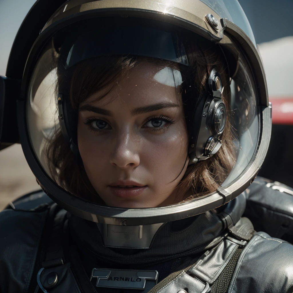 Clear Photography, sharp, 1 Caucasian Woman, Sci-Fi Pilot, Piloted by a SF cockpit, Short Bob, 20 year old muscular beautiful girl, front, 8k, Harness, Sci-fi Soldier, Science fiction movies