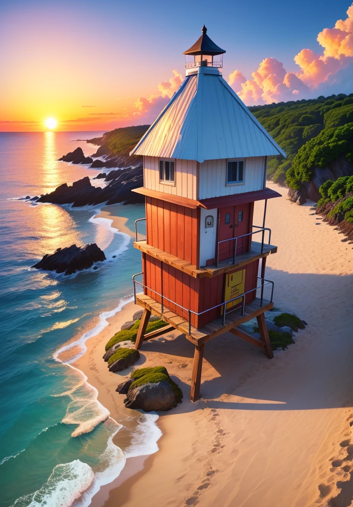 2d ghibli anime style, portrait of a lifeguard tower on the beach, beautiful sunset over the ocean, full clouds in the sky, ground level camera angle, symmetrical framing, volumetric lighting, vibrant color