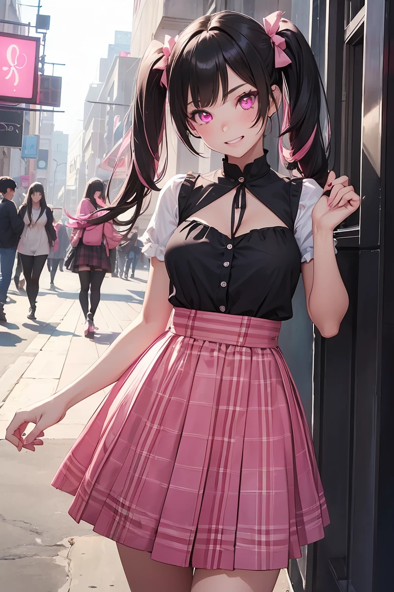((1 Girl)), Latest Fashion Trends, Selfie,Get excited, Red Check Skirt, Black clothes ,Street fashion,Cowboy Shot,((Very detailed,Highest quality, High resolution, 8k wallpaper, Beautiful clothes,)),((Black Hair, Long Hair,Straight hair,Twin tails)), (teeth), Grinning face, eye shadow, eyeliner, Very detailed目, Clear Eyes, Beautiful Eyes, ((Glowing pink eyes)), 15-year-old girl.