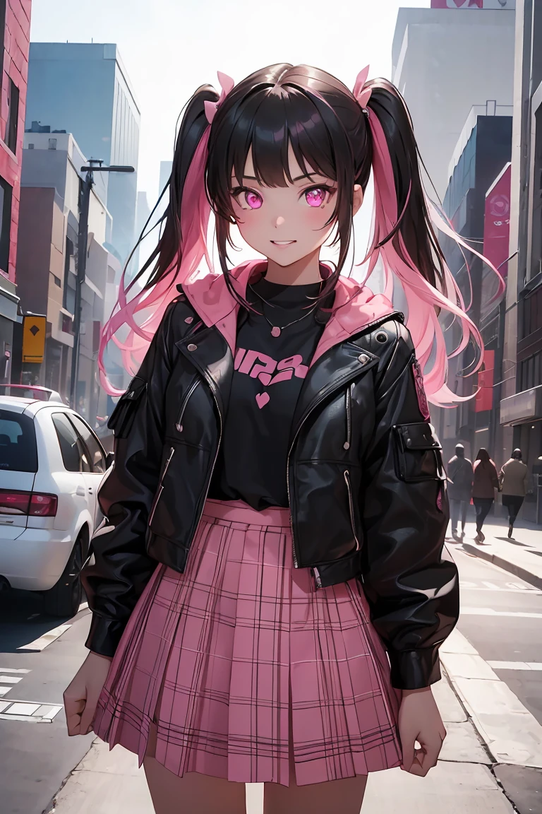 ((1 Girl)), Latest Fashion Trends, Selfie,Get excited, Red Check Skirt, Black clothes ,Street fashion,Cowboy Shot,((Very detailed,Highest quality, High resolution, 8k wallpaper, Beautiful clothes,)),((Black Hair, Long Hair,Straight hair,Twin tails)), (teeth), Grinning face, eye shadow, eyeliner, Very detailed目, Clear Eyes, Beautiful Eyes, ((Glowing pink eyes)), -yeld gi