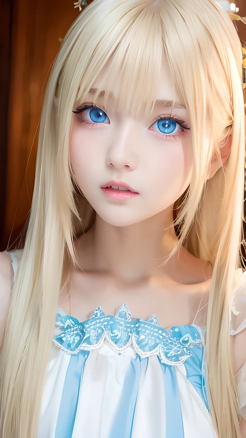 Super long blonde straight hair、Bangs on a beautiful face between the eyes、Very cute beautiful sexy young age girl、So perfect beautiful cute face、Very large, clear, beautiful, bright, light blue eyes、Very big cute eyes、Small Face Beauty、Cheek highlighter、White, bright and radiant skin、