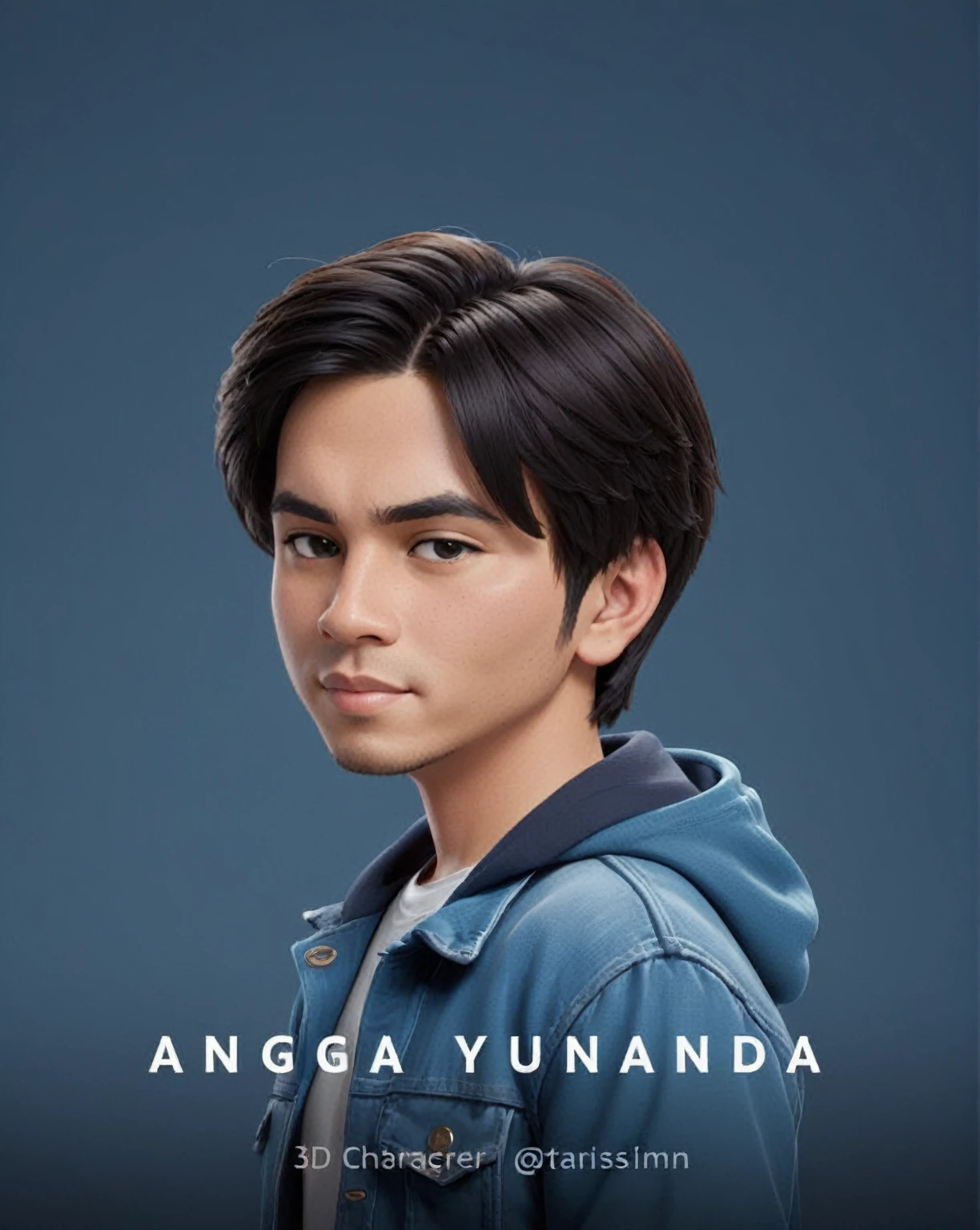 Create a cartoonish caricature 3D animation of a big-headed. a 19 year old Indonesian man. She has short black pixie cut hair. His face is oval with smooth lines, thick and neat black eyebrows, small eyes, a small, sharp nose, and thin lips with a wide, friendly smile. He wore a dark green hoodie over an orange t-shirt. Gradient blue background. masterpiece, top quality, highly detailed skin and face, ultra-realistic, high definition, sharp focus, 2/3 body angle, Concept Art.