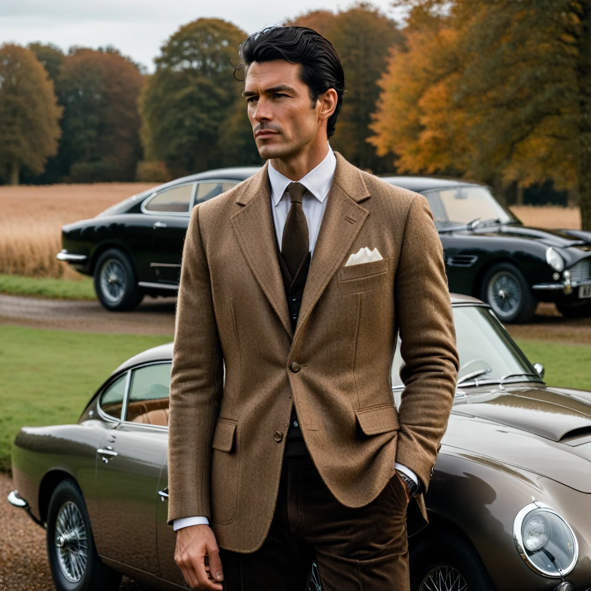 photorealistic, cinematic, raw photo, low angle shot, man, mature, black hair, short side part hairstyle, clean shaven, tall, thin, scar on cheek, wearing light brown tweed blazer, off-white shirt, dark brown wool necktie, dark brown corduroy trousers, stands near fancy car Aston Martin DB5 in english countryside , autumn, midday