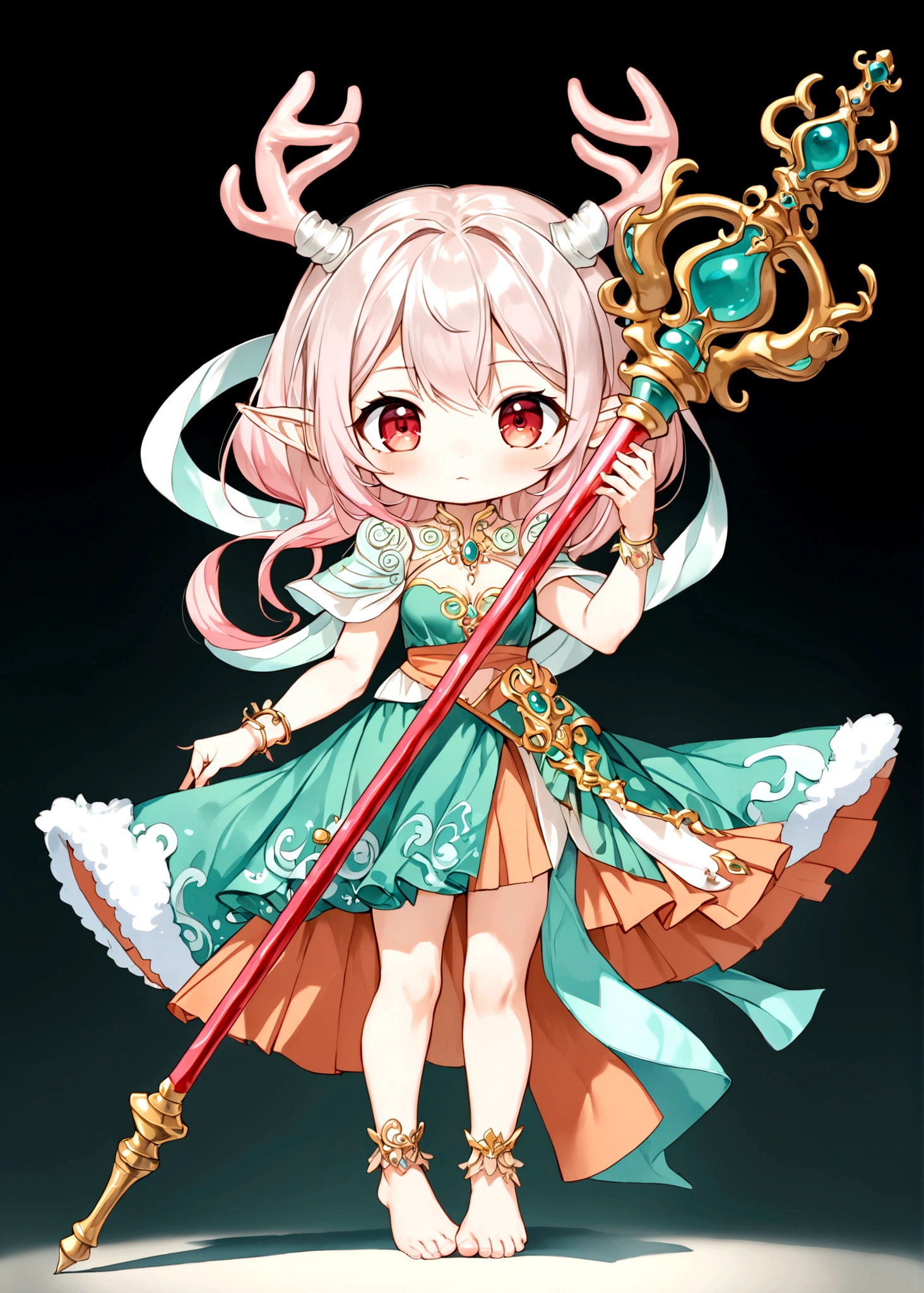 Cartoon anime style，beautiful girl，Fluffy pink hair，antlers，Elf ears，orangeskirt，Scepter，Standing barefoot，Foot ring。(((Correct human ???????)))