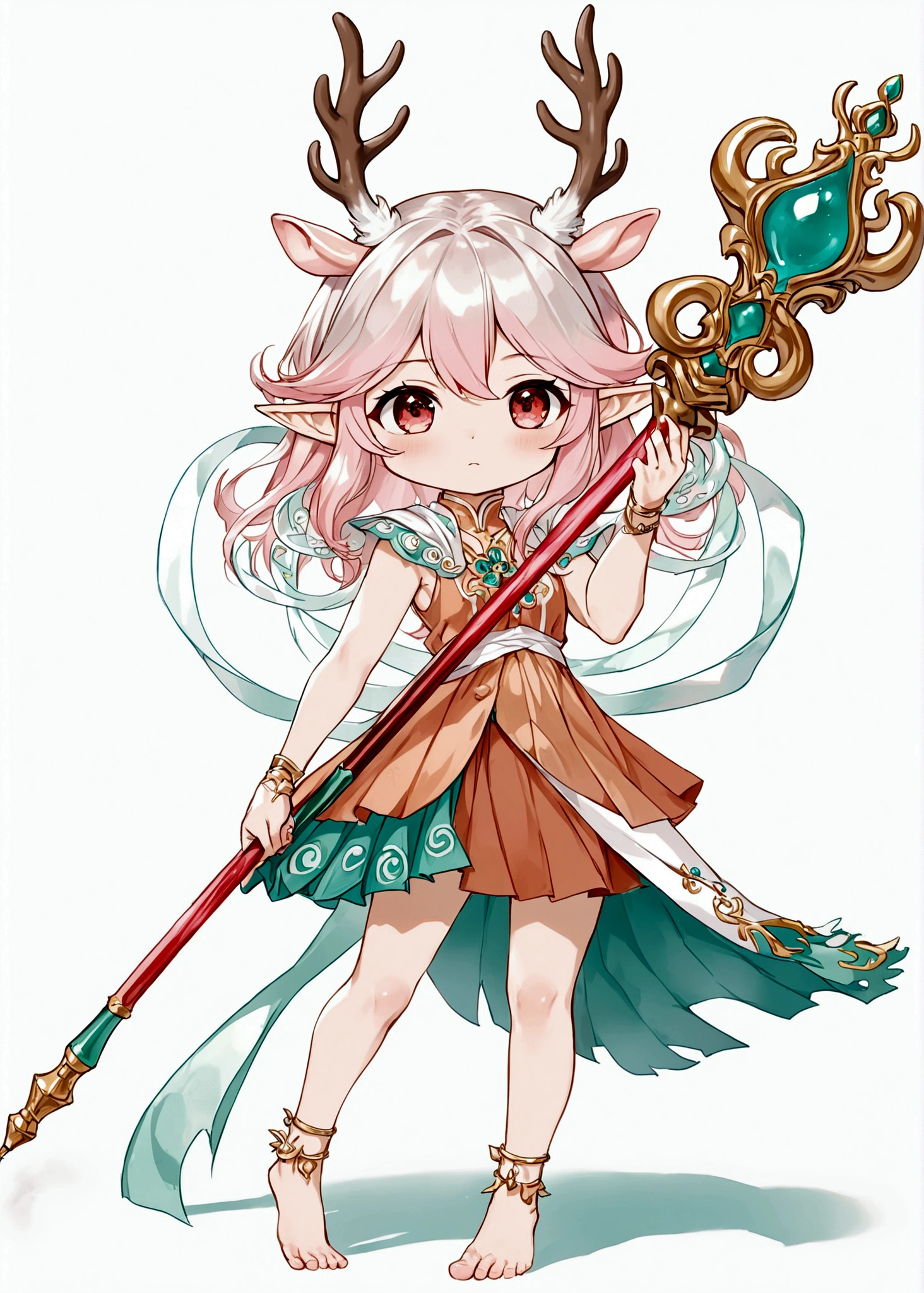Cartoon anime style,beautiful girl,Fluffy pink hair,antlers,Elf ears,orangeskirt,Scepter,Standing barefoot,Foot ring。(((Correct human anatomy)))