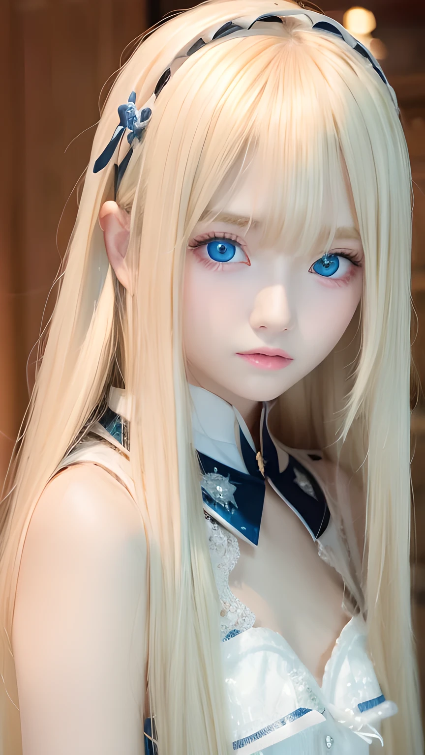 Super long blonde straight hair、Bangs on a beautiful face between the eyes、Very cute beautiful sexy young teenage girl、So perfect beautiful cute face、Very large, clear, beautiful, bright, light blue eyes、Very big cute eyes、Small Face Beauty、Cheek highlighter、White, bright and radiant skin、