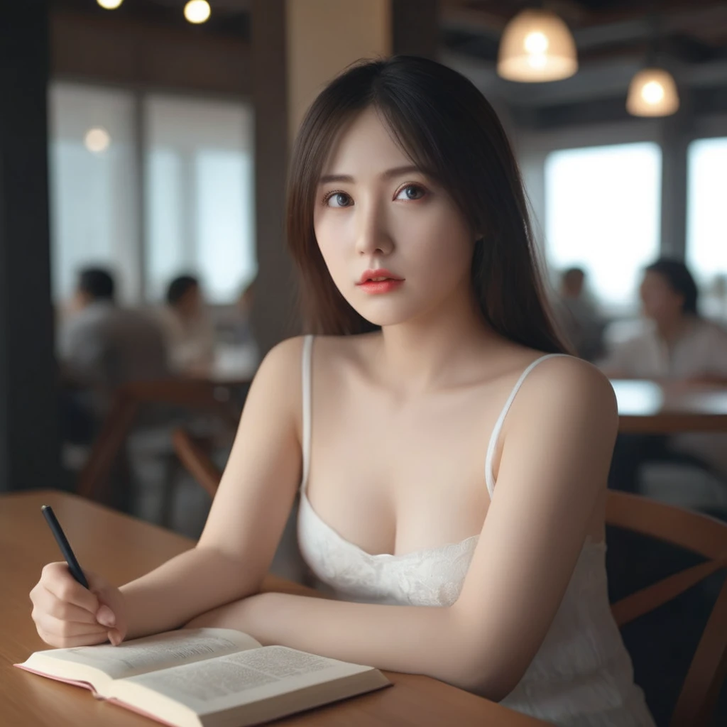 masterpiece, best quality, (realistic, photo-realistic:1), (RAW photo:1), extremely detailed CG unity 8k wallpaper, yangmi, sitting in a cafe and reading book, looking at viewer, detailed face, medium breasts, full body, crossed legs, an extremely delicate and beautiful, amazing, finely detail, official art, absurdres, incredibly absurdres, huge file size, ultra-detailed, extremely detailed, beautiful detailed girl, extremely detailed eyes and face, beautiful detailed eyes, dynamic angle, wide shot, cinematic lighting, moody lighting,