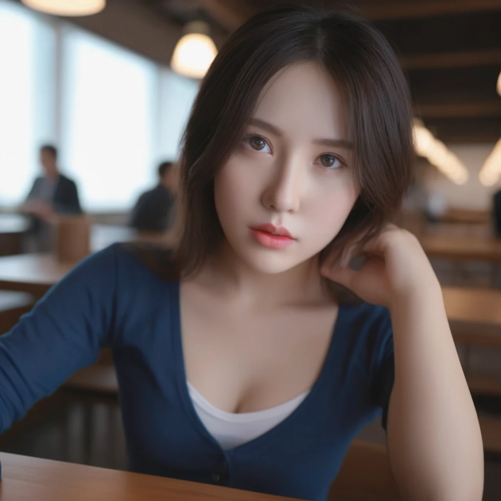 masterpiece, best quality, (realistic, photo-realistic:1), (RAW photo:1), extremely detailed CG unity 8k wallpaper, yangmi, sitting in a cafe and reading book, looking at viewer, detailed face, medium breasts, full body, crossed legs, an extremely delicate and beautiful, amazing, finely detail, official art, absurdres, incredibly absurdres, huge file size, ultra-detailed, extremely detailed, beautiful detailed girl, extremely detailed eyes and face, beautiful detailed eyes, dynamic angle, wide shot, cinematic lighting, moody lighting,