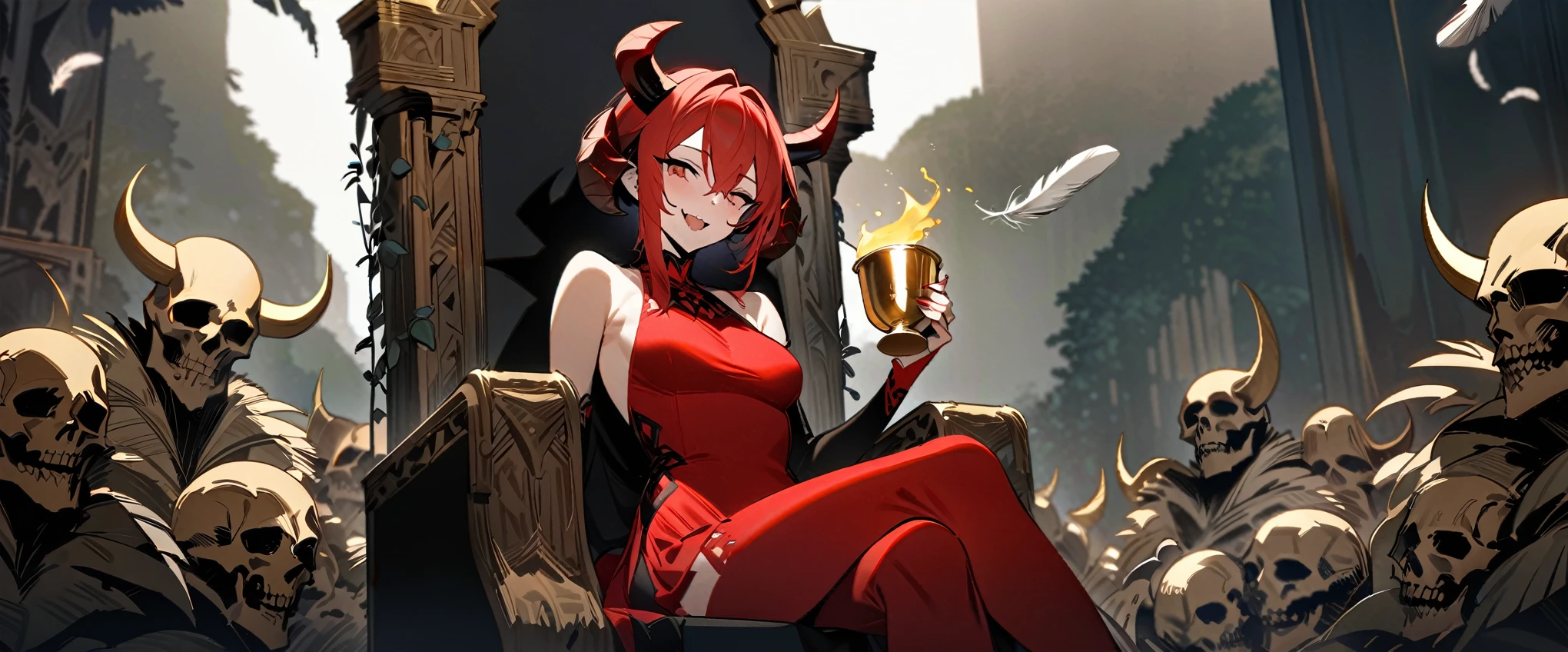 (((masterpiece,Highest quality))),((Smiling red-haired demon anime girl wearing a red one-piece dress and holding a golden cup while sitting on a throne)),((Feathers grow,Horns growing)),((The golden cup is overflowing with poison)),((Throne in the Wilderness of the Dead,Evil Laugh)),アニメ,b3ks1n