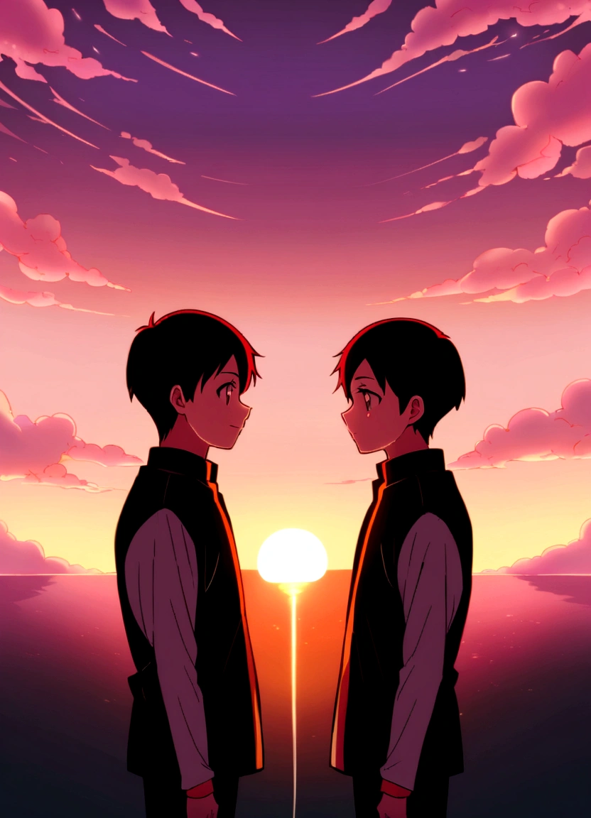 A boy and girl around 18 years old looking at each other、The sunset spreads in the background、Warm orange and pink skies、In anime style。