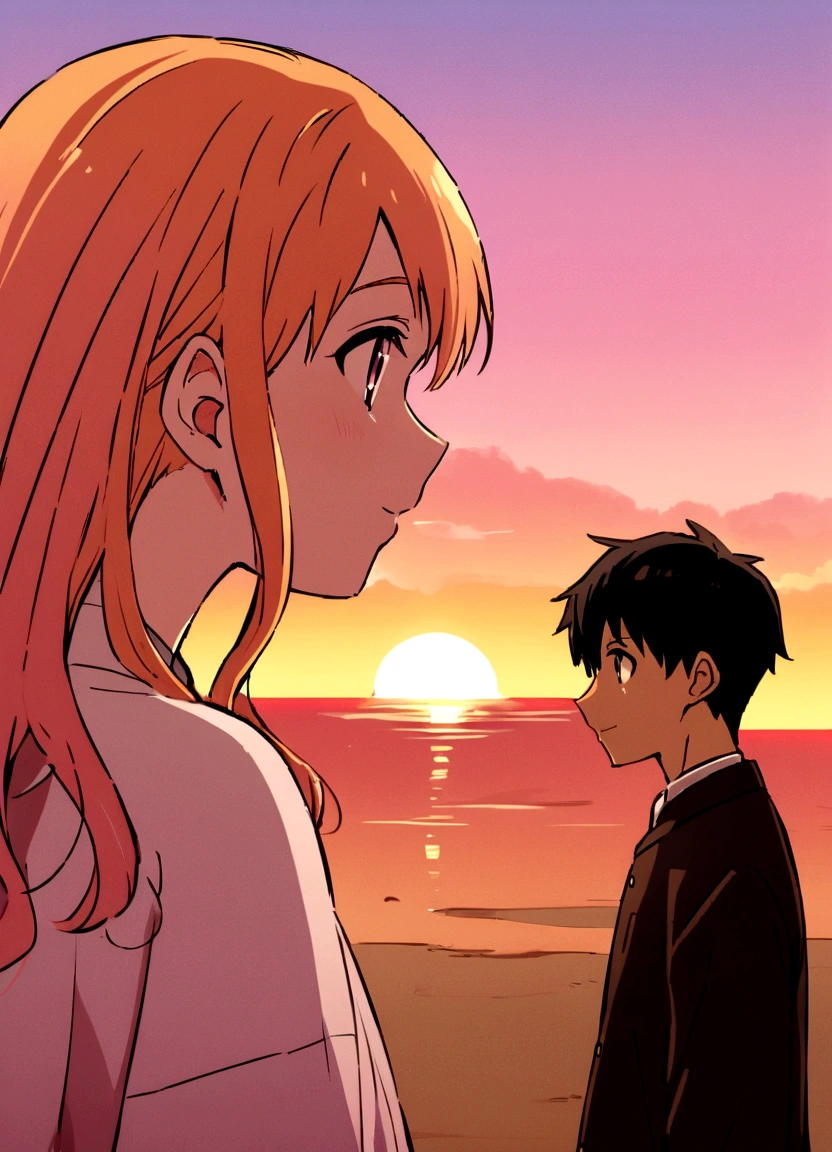 A boy and girl around 18 years old looking at each other、The sunset spreads in the background、Warm orange and pink skies、In anime style。