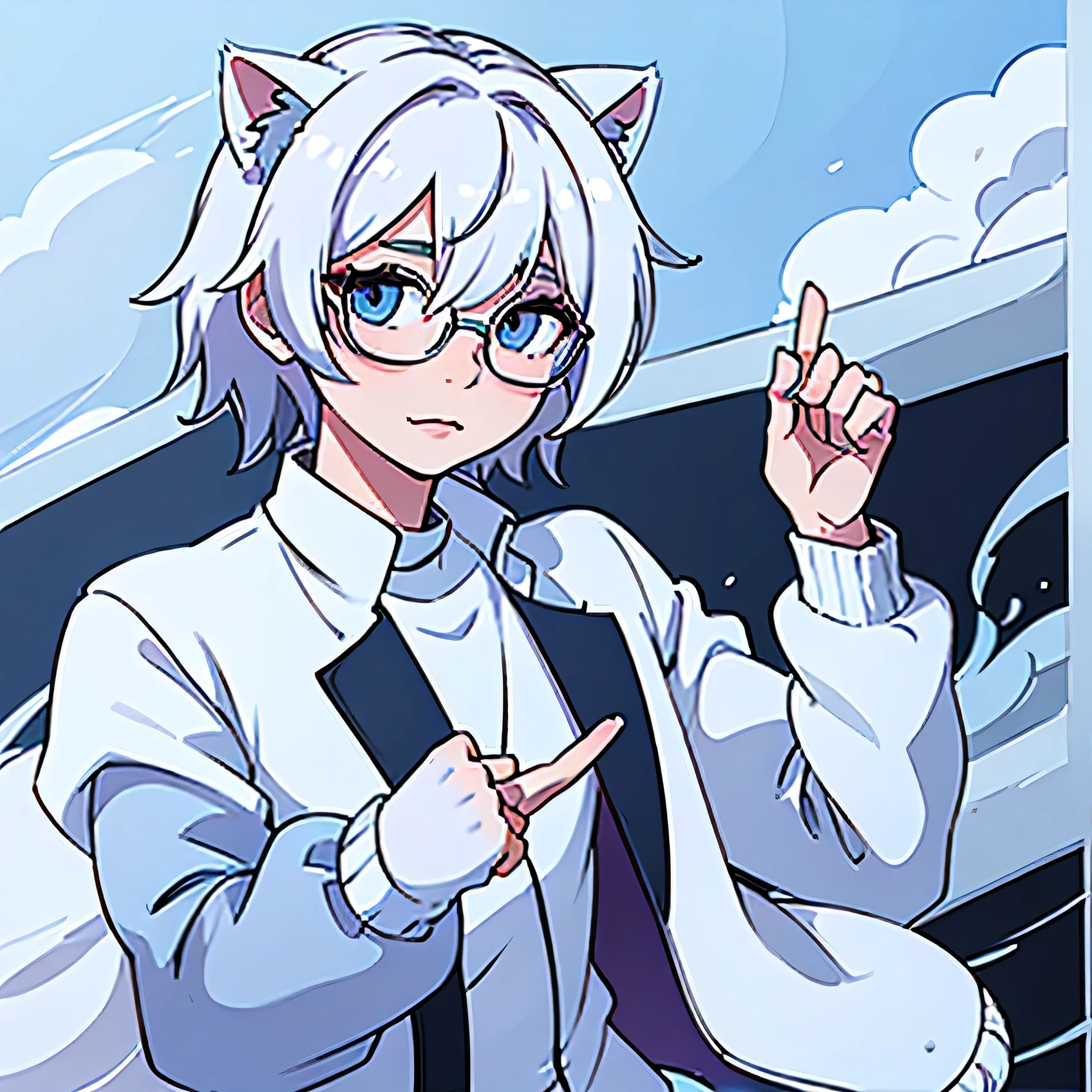 anime character - boy, an anime drawing by Kamisaka Sekka, pixiv, catboy, wearing white sleeved and blue bodyvarsity jacket, wearing glasses, white messy hair, ((white cat ears)), casual clothing, feminine features, smile, cute face, kind features, solo, blue eyes, full lips, wearing thin collar