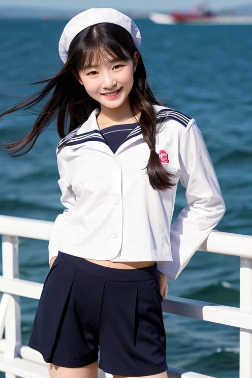girl skipping on beach,long-sleeved white sailor shirt over navy blue school swimsuit,18-year-old,bangs,a little smile,thighs,knees,short hair and low ponytails with barrette,from below,front light