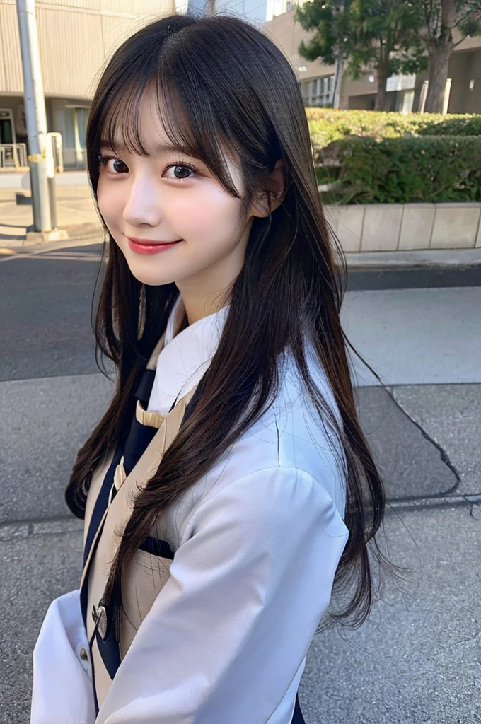 upper body, (masterpiece:1.2), best quality, high resolution, detailed eyes, Diamond-Shaped Face, Sharp Chin, light blue Eyes, medium breasts, extremely detailed face, 1girl, solo, medium hair,black hair, (blunt bangs:1.3),(white scarf:1.3), white collar shirts,(dark blue blazer:1.2), (blue tie:1),(black pleats skirt:1.3), (black mini skirt:1.3),(black over-the-calf socks:1.2), loafers, smile, park, autumn, maple branch, (fallen leaves are falling:1.2), standing, (arms behind back:1.2), (grass covered with a lot of fallen leaves:1.3)