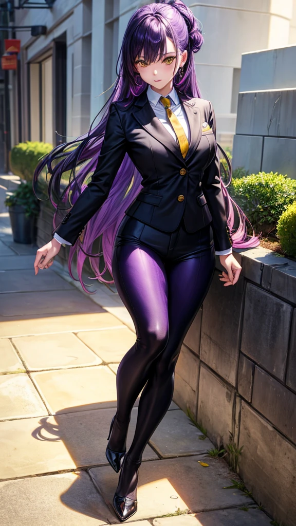 (masterpiece), best quality, expressive eyes, perfect face, purple hair, yellow eyes, legs, women, black suit, black pants, sexy,